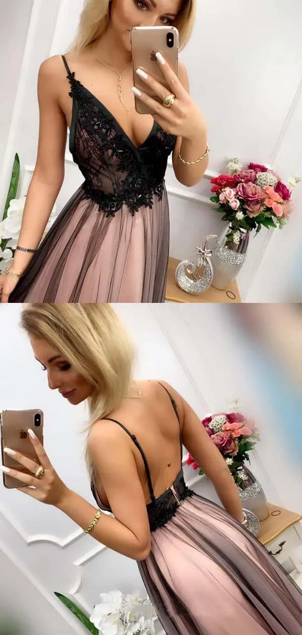 Black Bead Rhinestone Tulle V Neck Spaghetti Strap A-line Prom Dresses PSK030