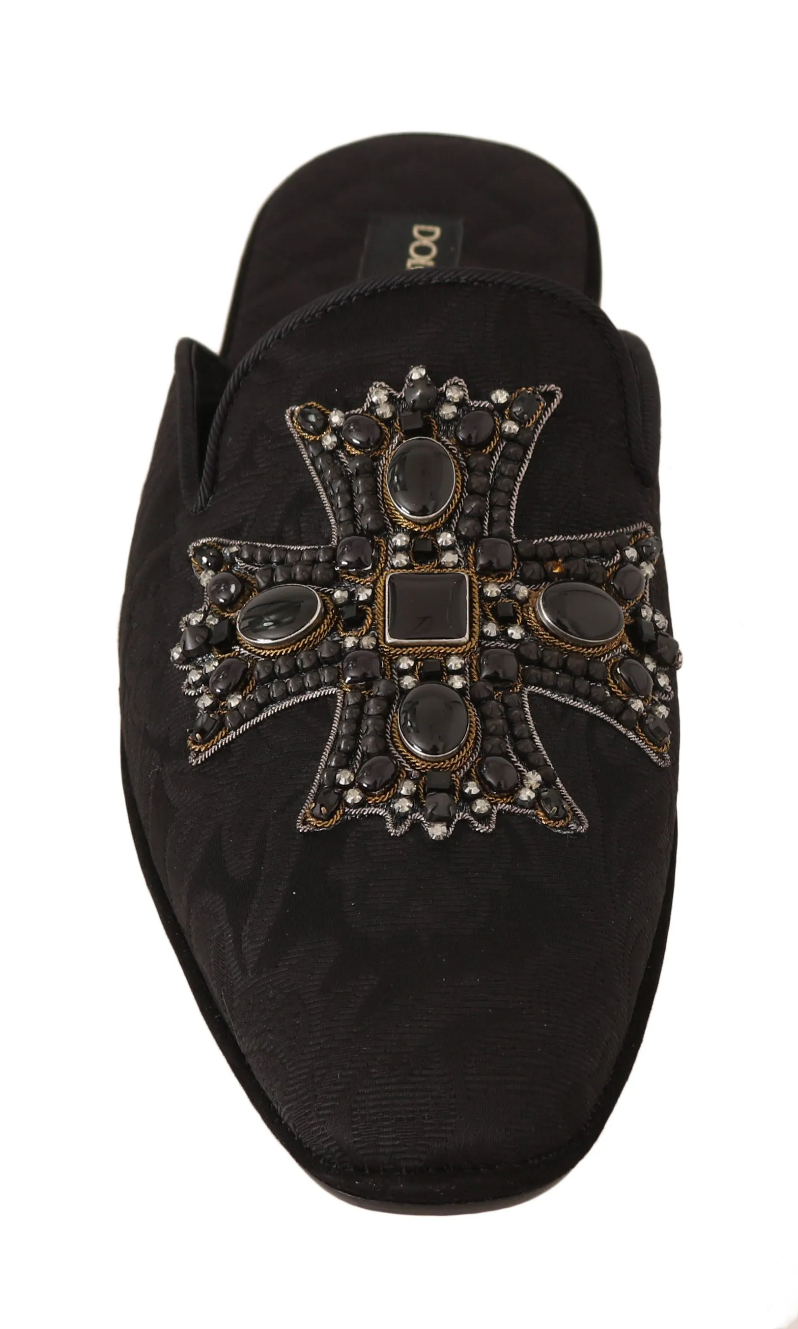 Black Brocade Crystal Cross  Slippers