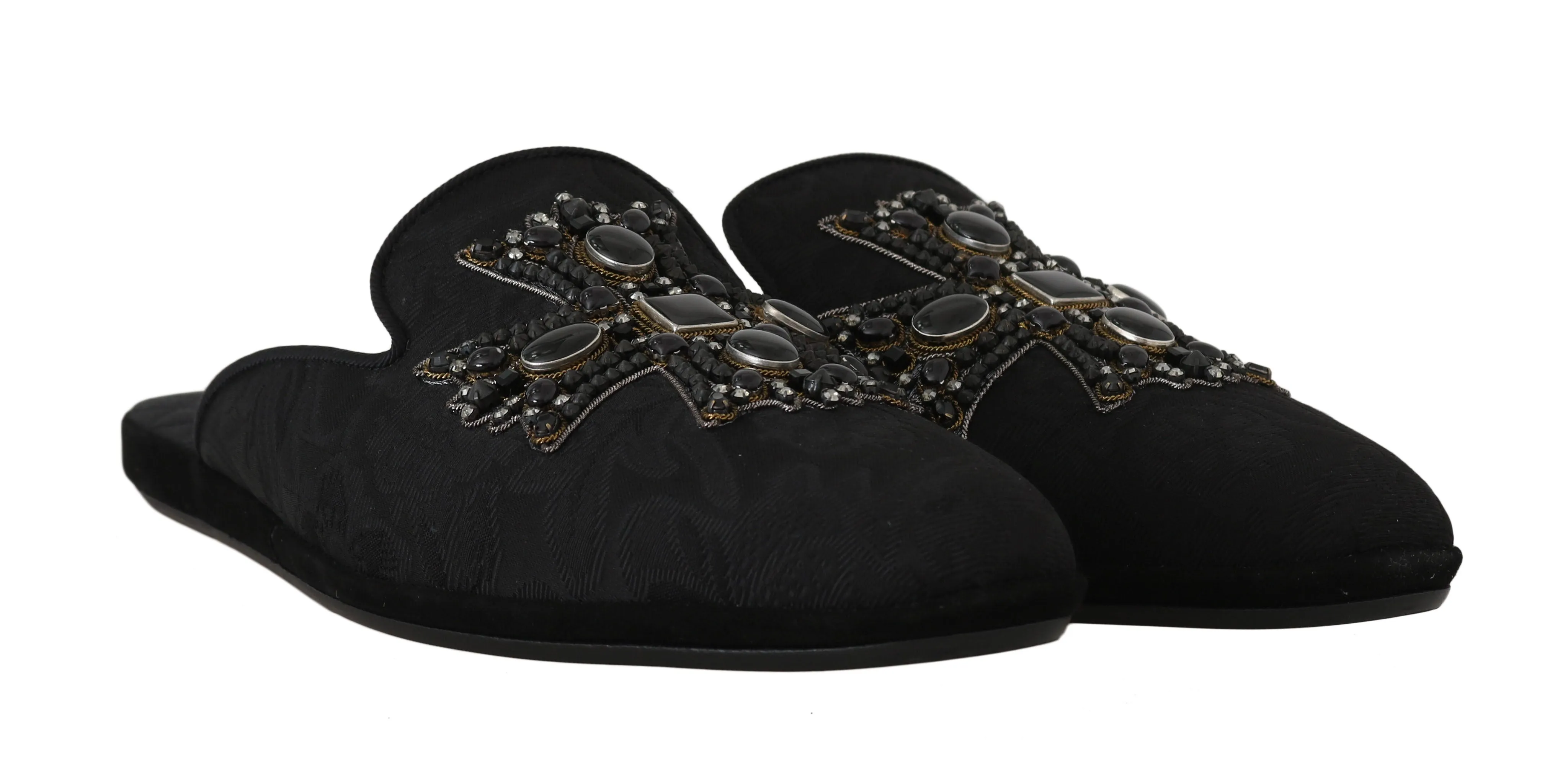 Black Brocade Crystal Cross  Slippers