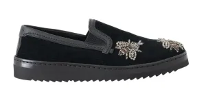 Black Crystal Bee Leather Loafers