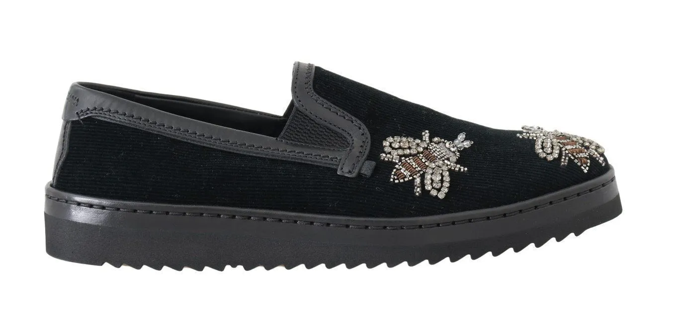 Black Crystal Bee Leather Loafers