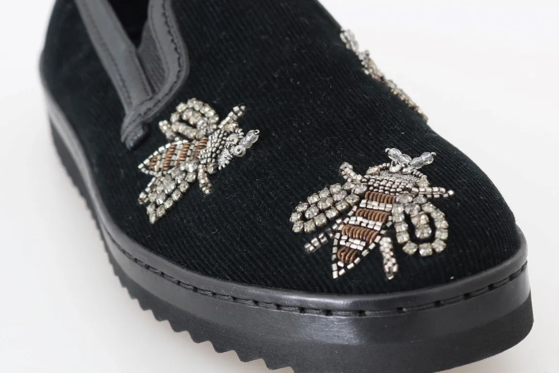 Black Crystal Bee Leather Loafers