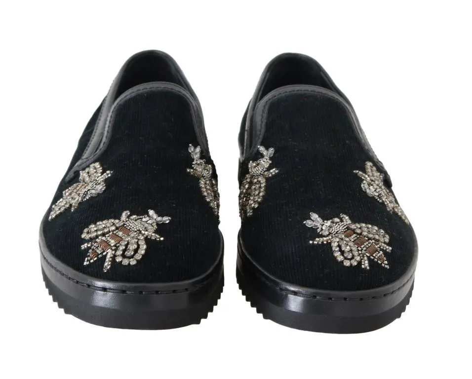 Black Crystal Bee Leather Loafers
