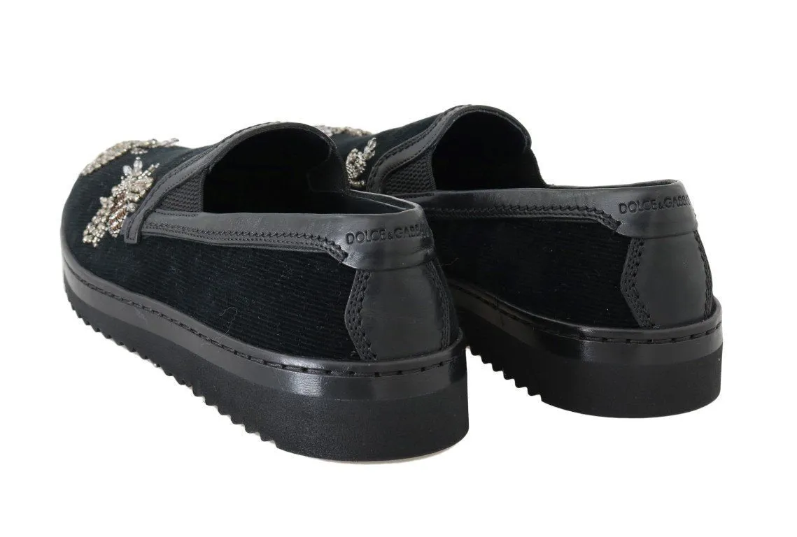 Black Crystal Bee Leather Loafers
