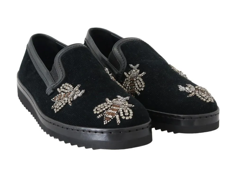Black Crystal Bee Leather Loafers