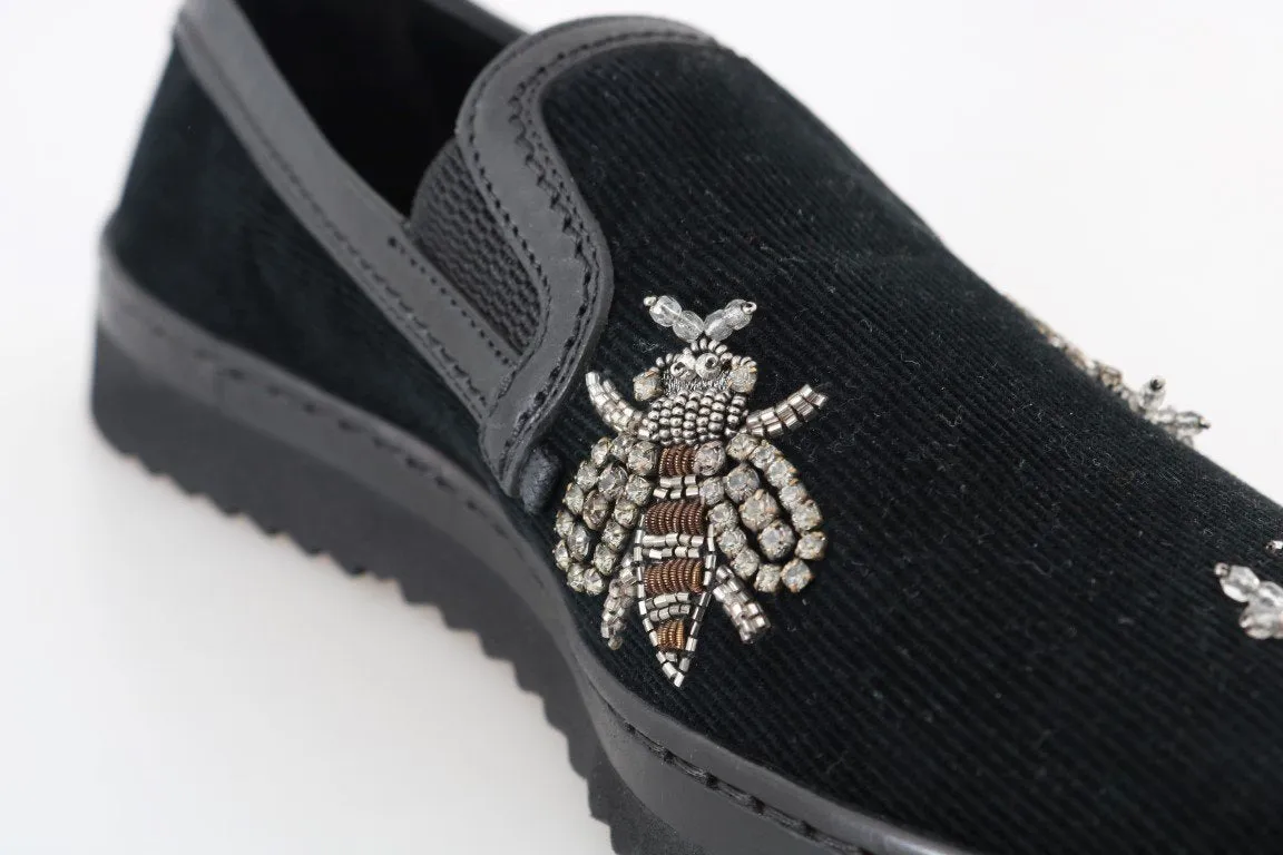 Black Crystal Bee Leather Loafers