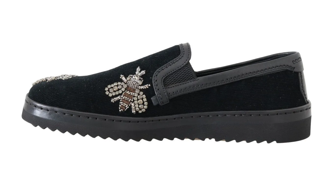 Black Crystal Bee Leather Loafers