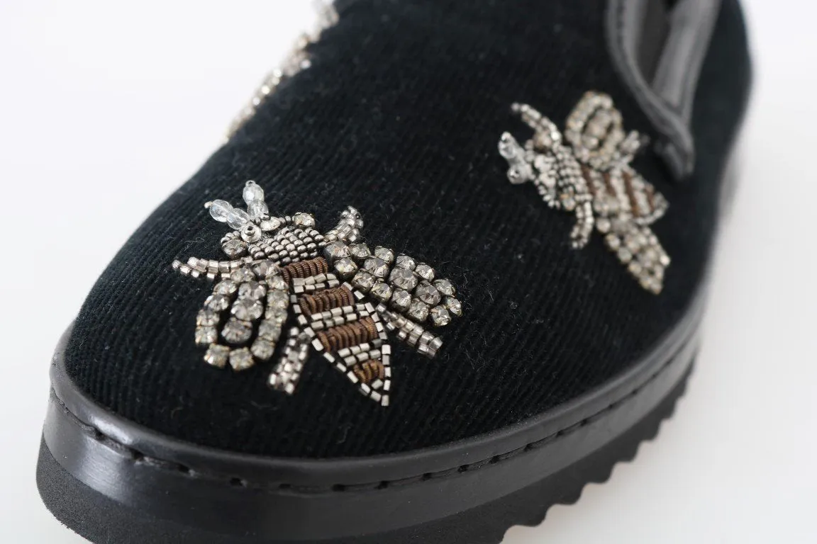Black Crystal Bee Leather Loafers