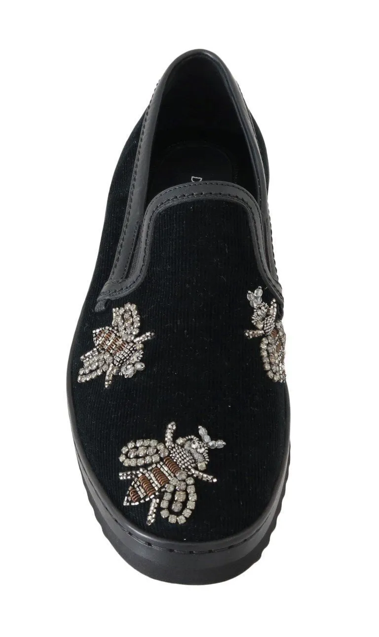 Black Crystal Bee Leather Loafers