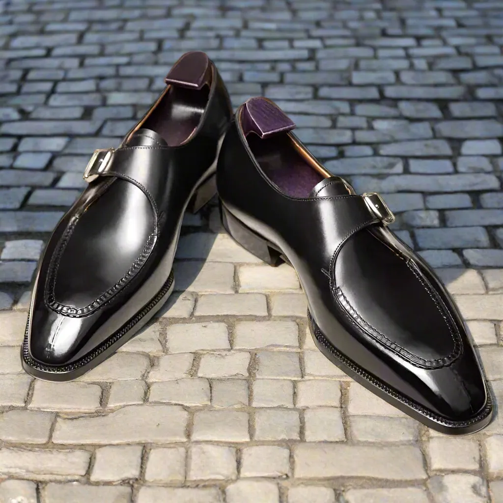 Black Leather Stellan Single Monk Straps - Formal Shoes - Monk Shoes