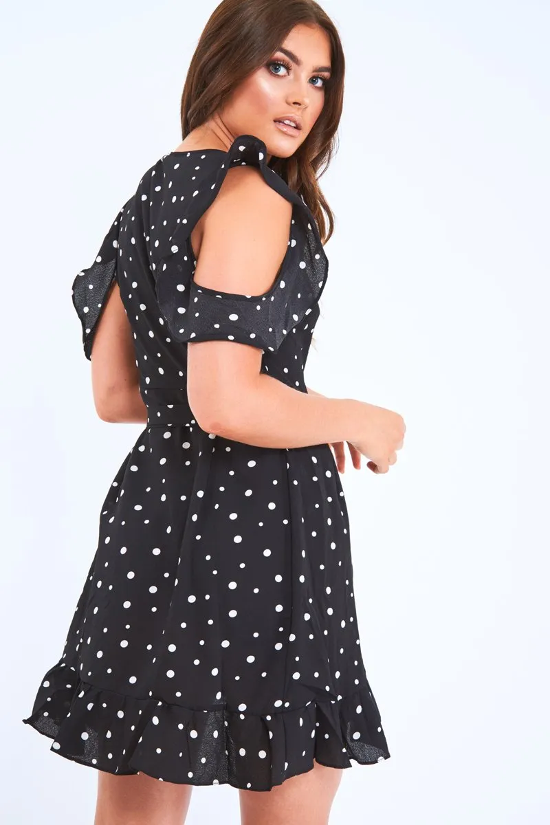 Black Polka Dot Wrap Over Frill Dress - Wisdom