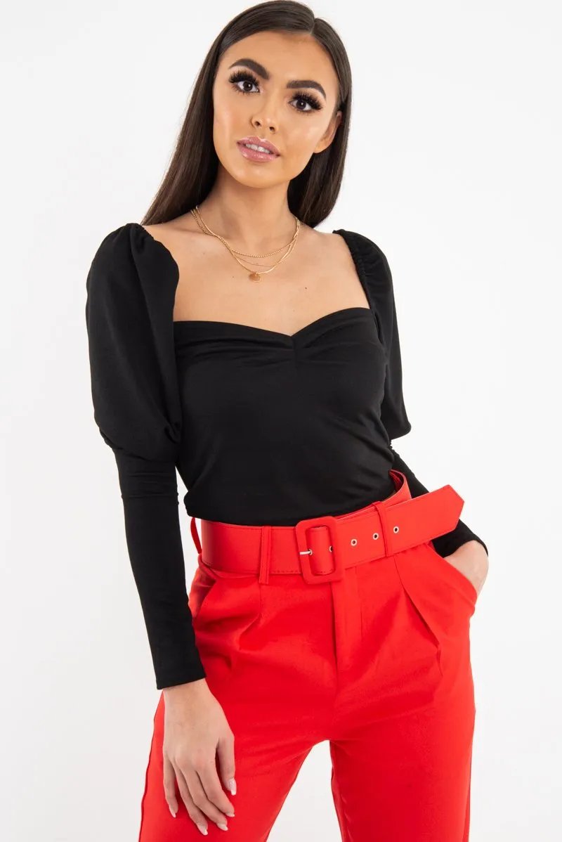 Black Puff Sleeve Sweetheart Neckline Crop Top - Tomi
