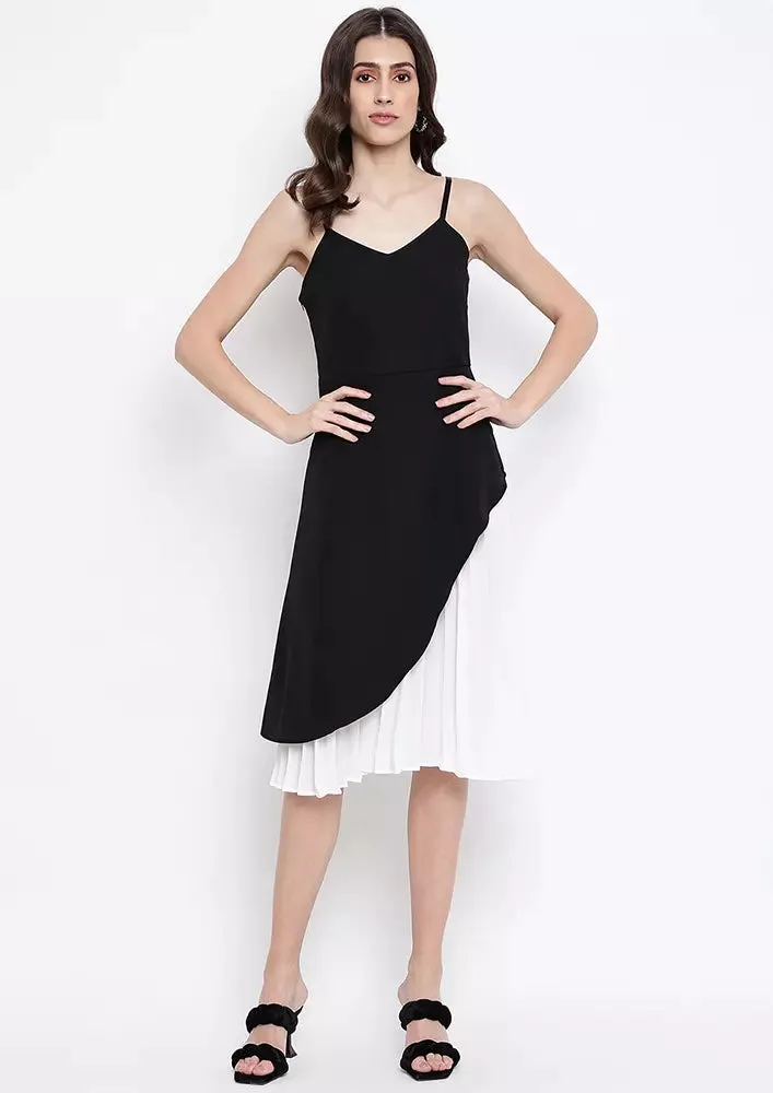 Black Strappy Colorblocked Pleated Midi Dress