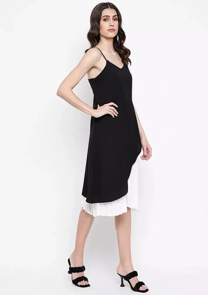 Black Strappy Colorblocked Pleated Midi Dress