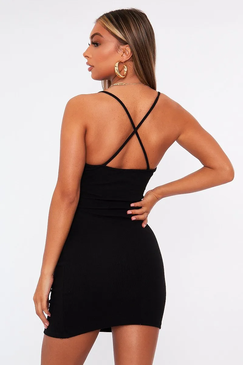 Black Strappy Front Cut Out Ribbed Mini Dress - Riata