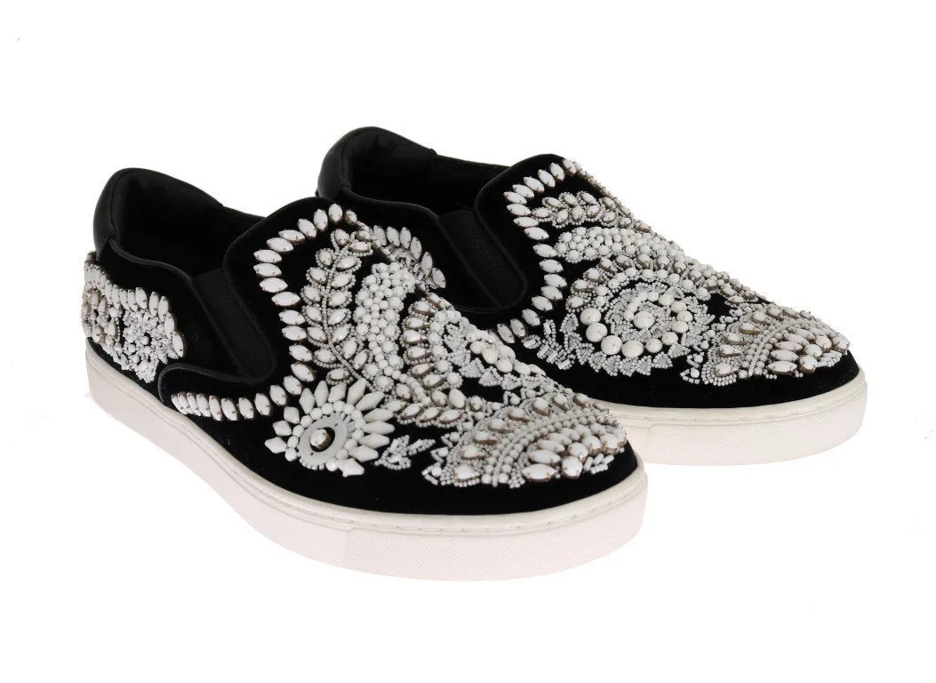 Black Velvet White Crystal Loafers
