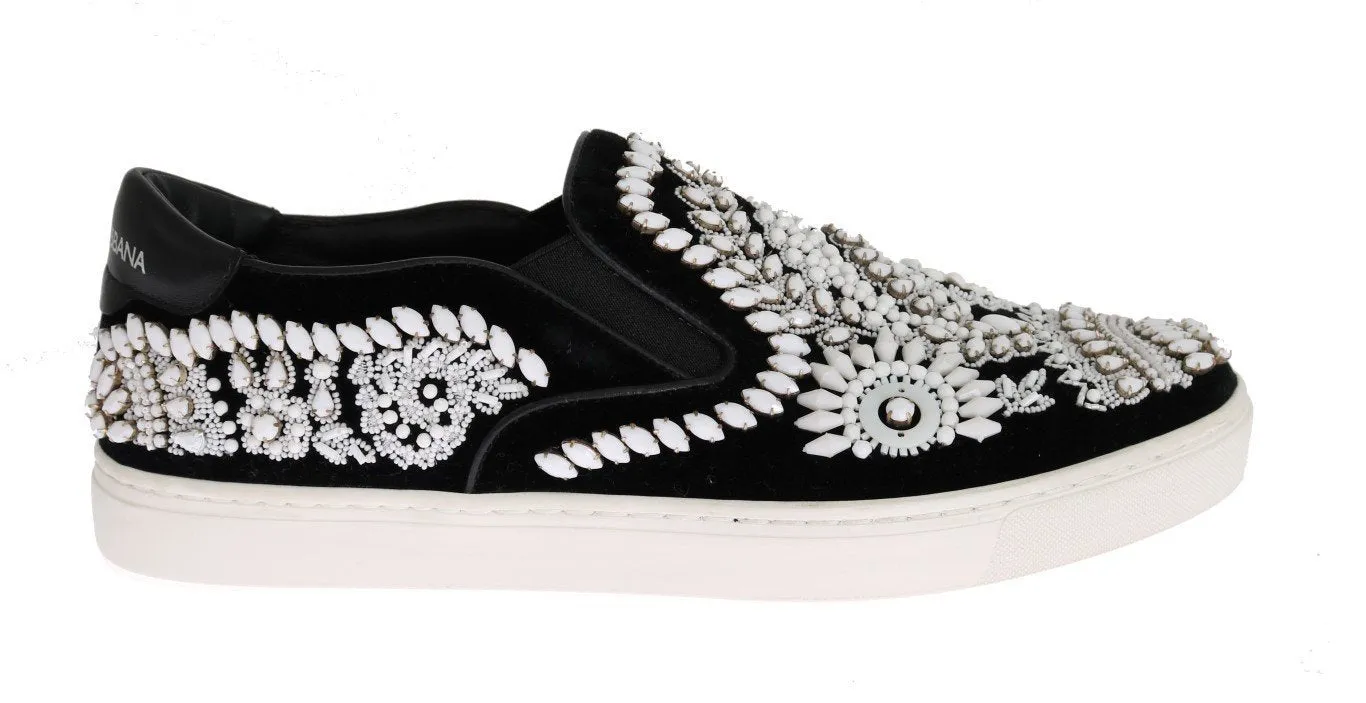 Black Velvet White Crystal Loafers