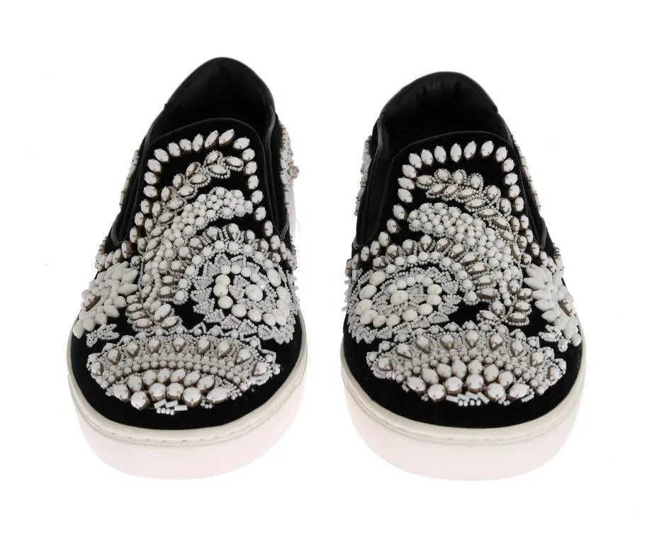 Black Velvet White Crystal Loafers