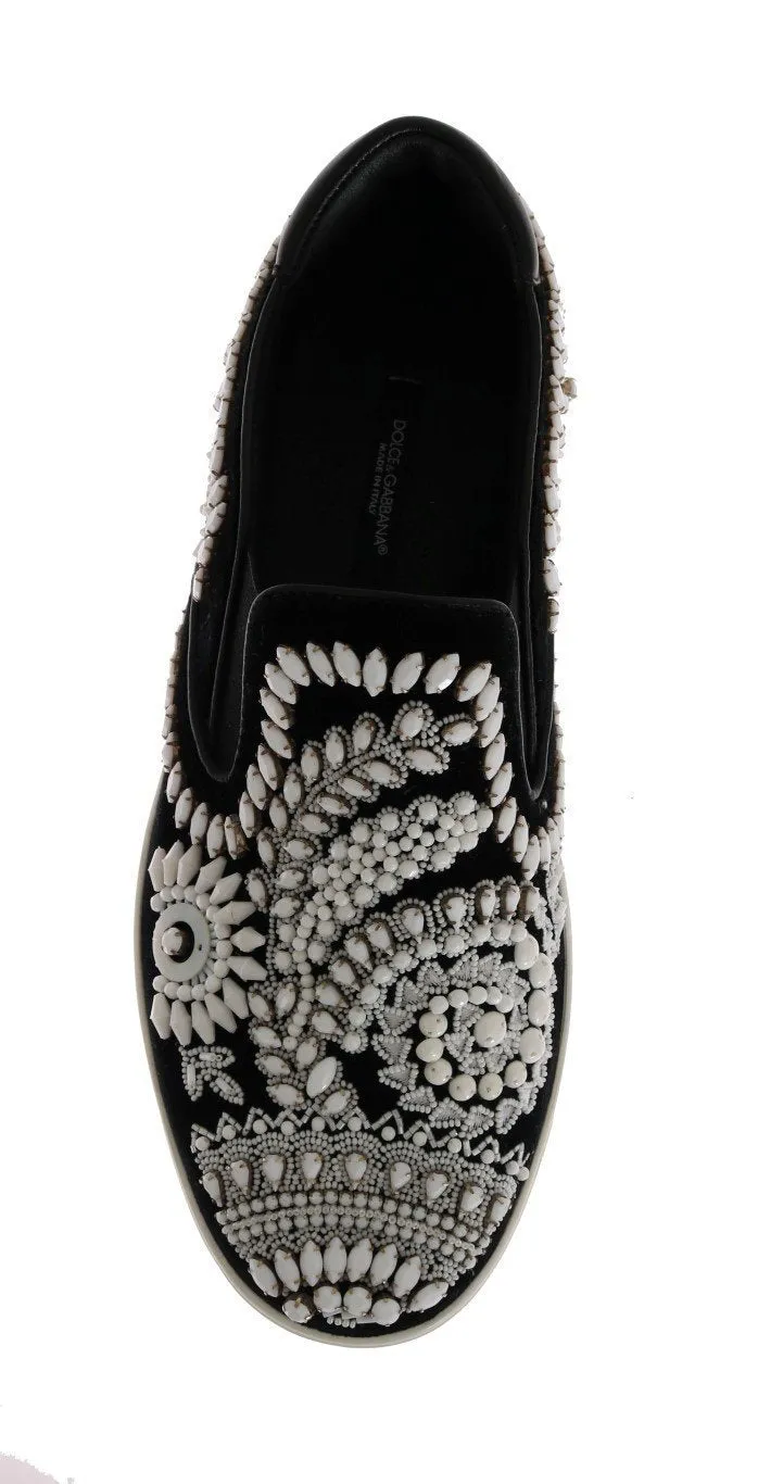 Black Velvet White Crystal Loafers