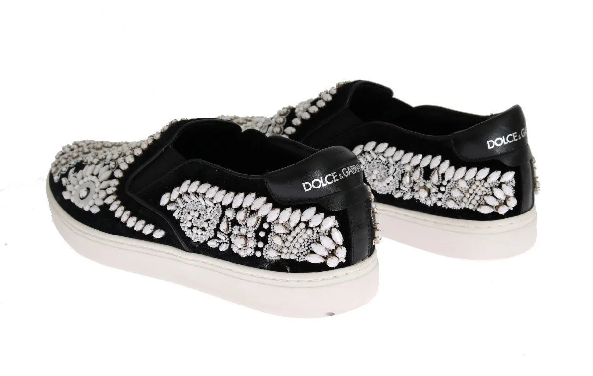 Black Velvet White Crystal Loafers