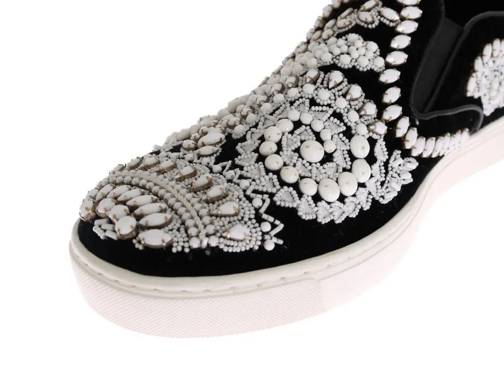 Black Velvet White Crystal Loafers