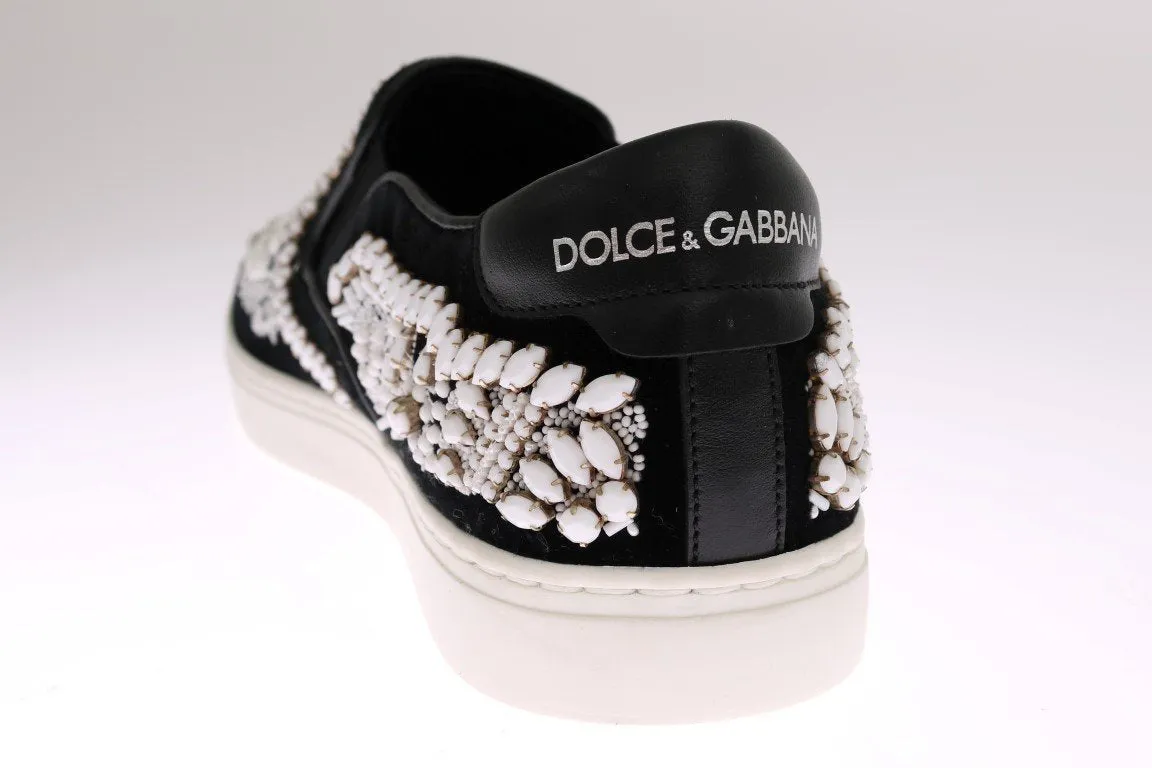 Black Velvet White Crystal Loafers