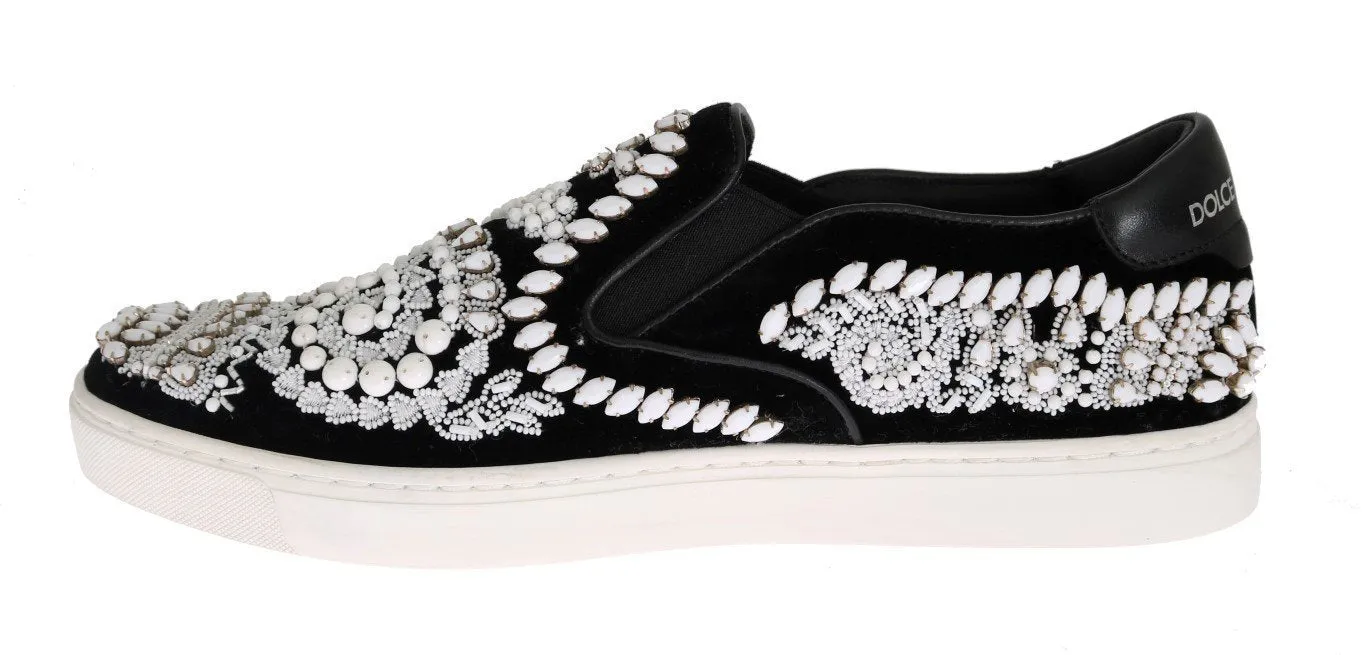 Black Velvet White Crystal Loafers
