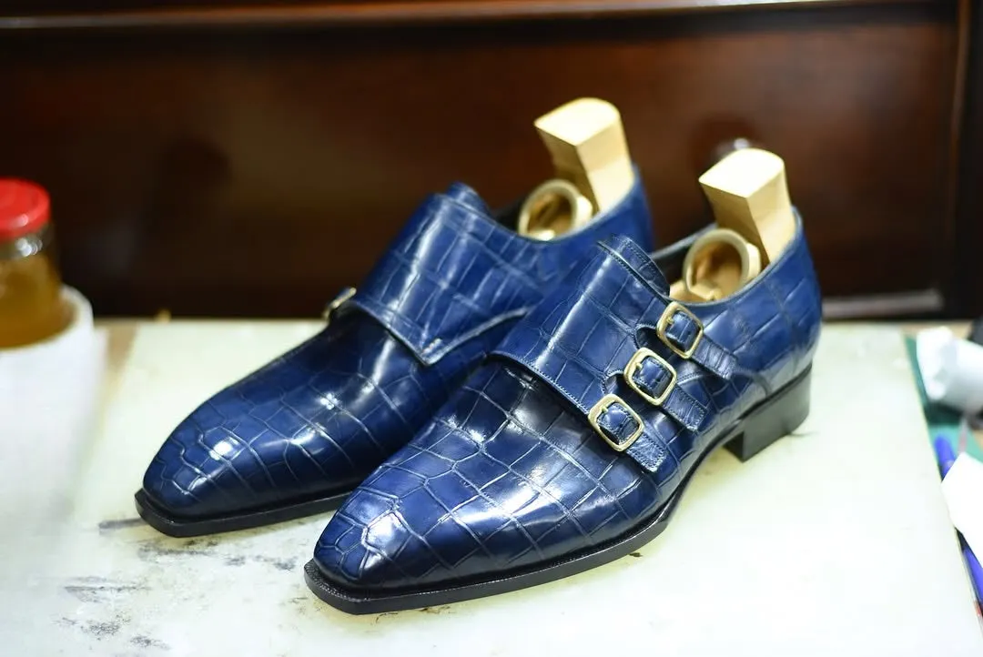 Blue Alligator  Italian Leather Triple Monkstrap Shoes - Formal shoes - Monk Shoes