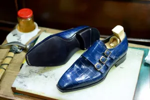 Blue Alligator  Italian Leather Triple Monkstrap Shoes - Formal shoes - Monk Shoes