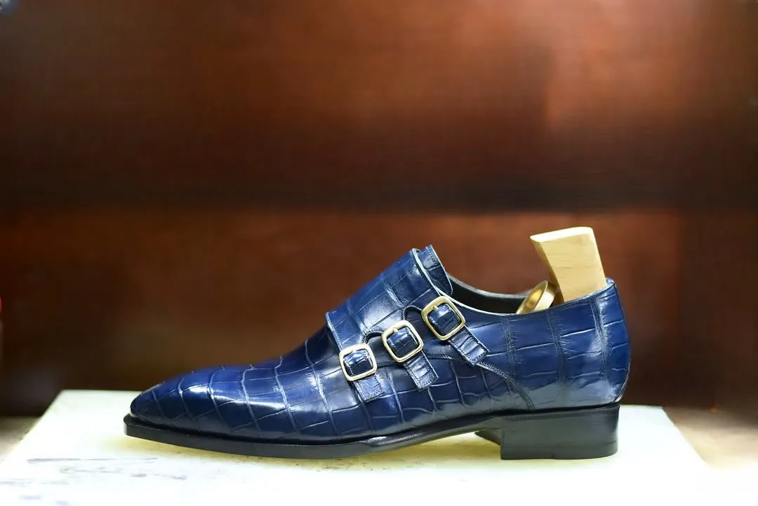 Blue Alligator  Italian Leather Triple Monkstrap Shoes - Formal shoes - Monk Shoes