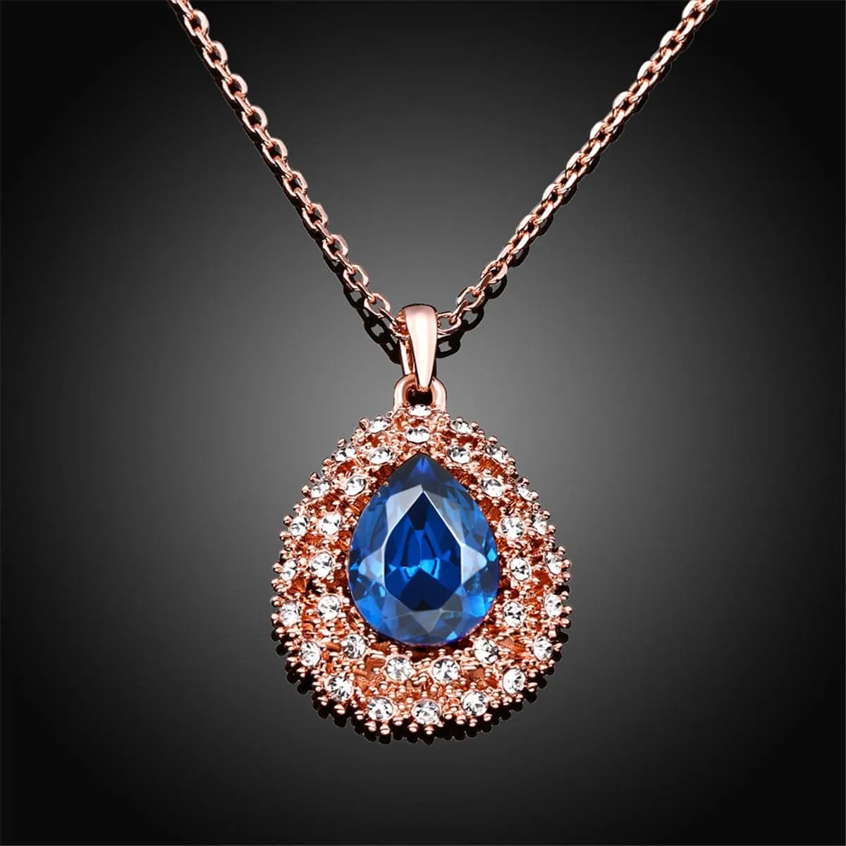 Blue Crystal & Cubic Zirconia 18K Rose Gold-Plated Teardrop Necklace