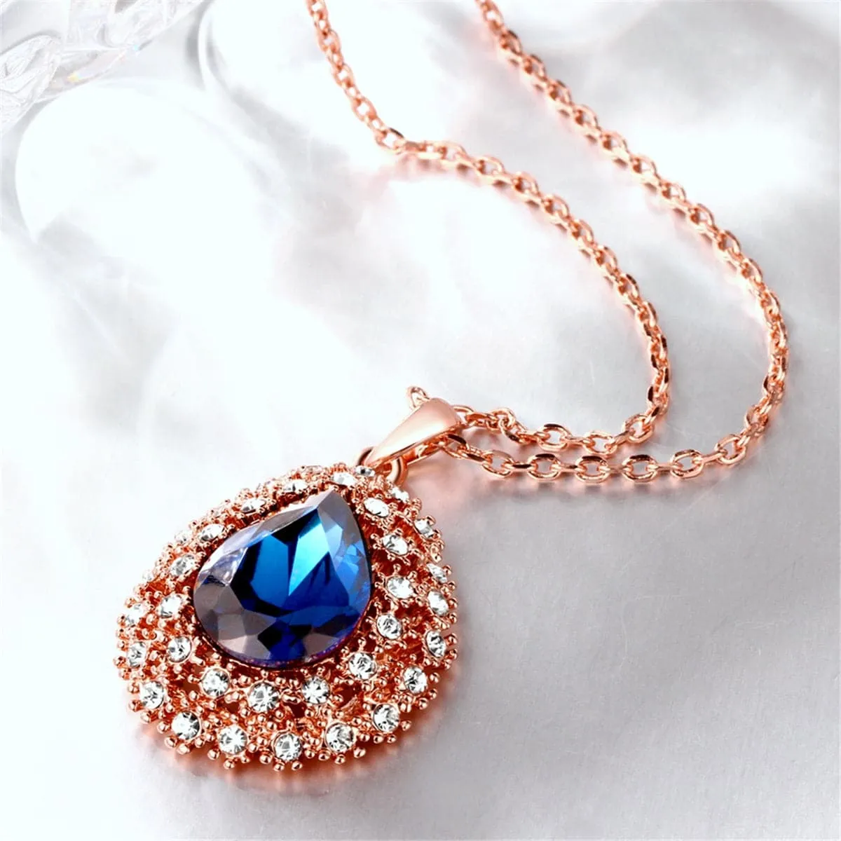 Blue Crystal & Cubic Zirconia 18K Rose Gold-Plated Teardrop Necklace