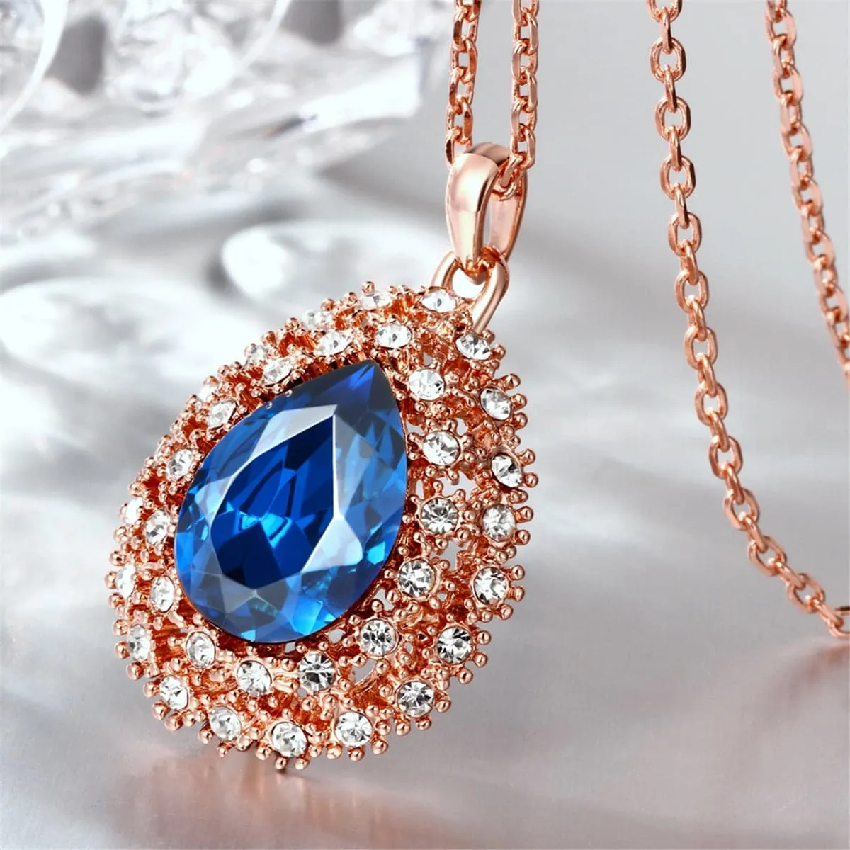 Blue Crystal & Cubic Zirconia 18K Rose Gold-Plated Teardrop Necklace