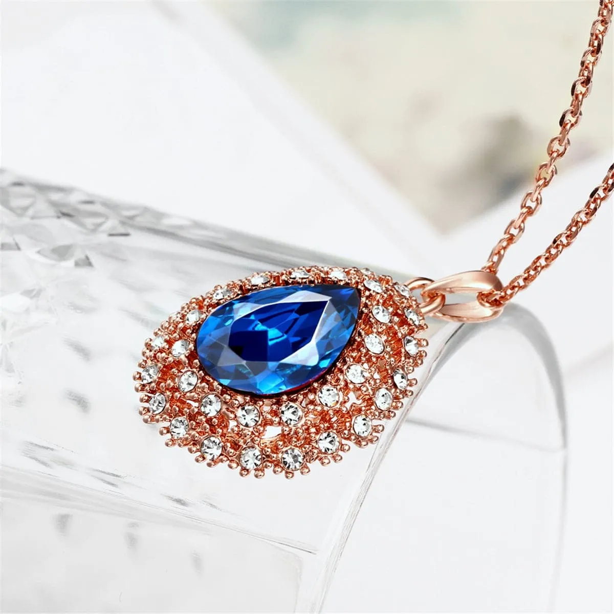 Blue Crystal & Cubic Zirconia 18K Rose Gold-Plated Teardrop Necklace