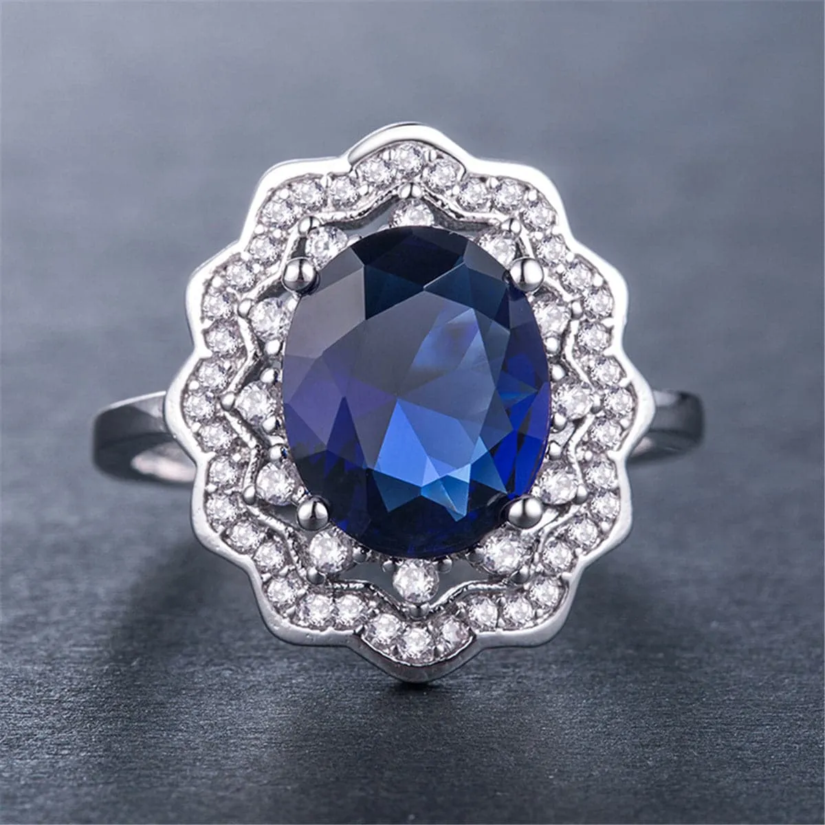 Blue Crystal & Cubic Zirconia Flower Halo Ring