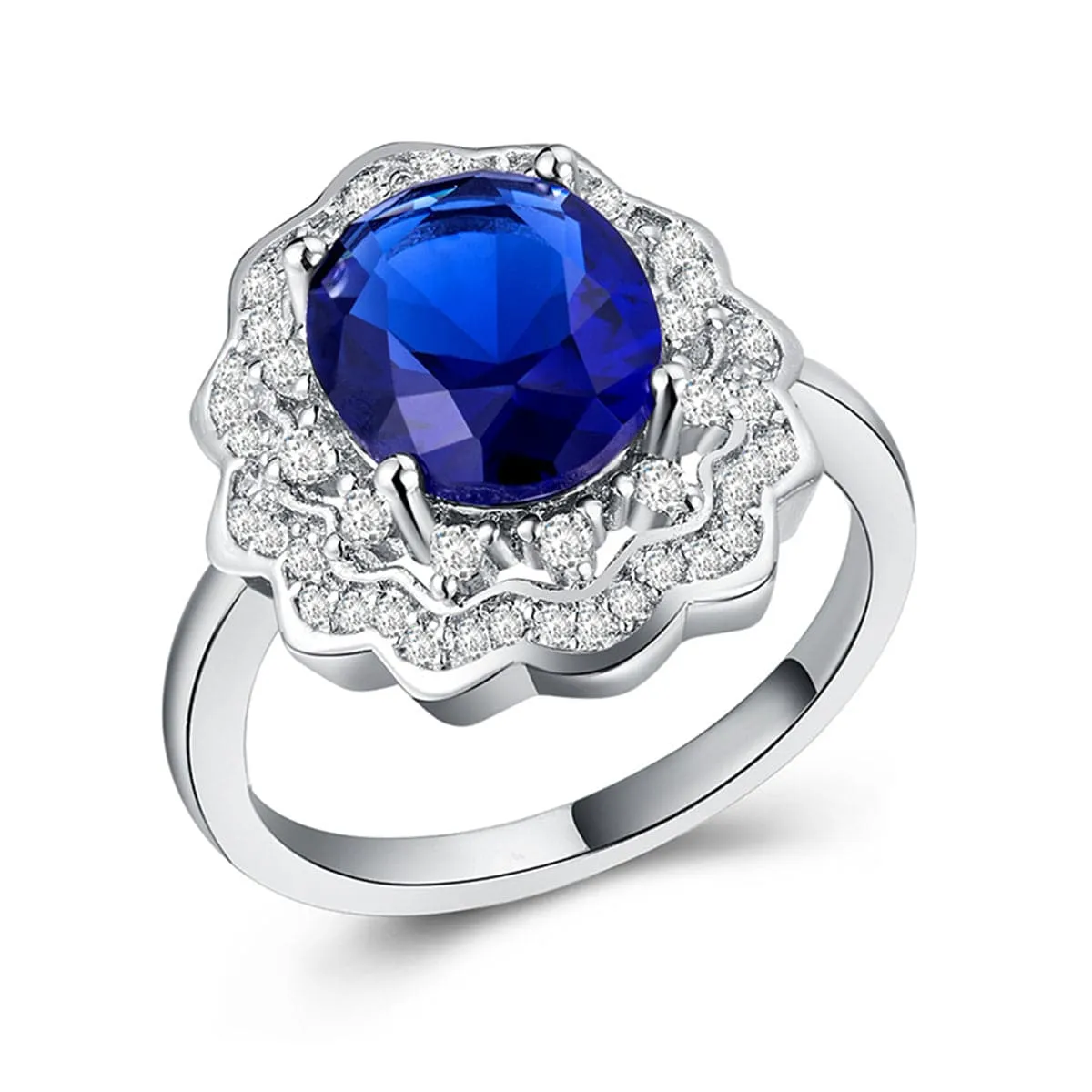 Blue Crystal & Cubic Zirconia Flower Halo Ring
