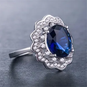 Blue Crystal & Cubic Zirconia Flower Halo Ring
