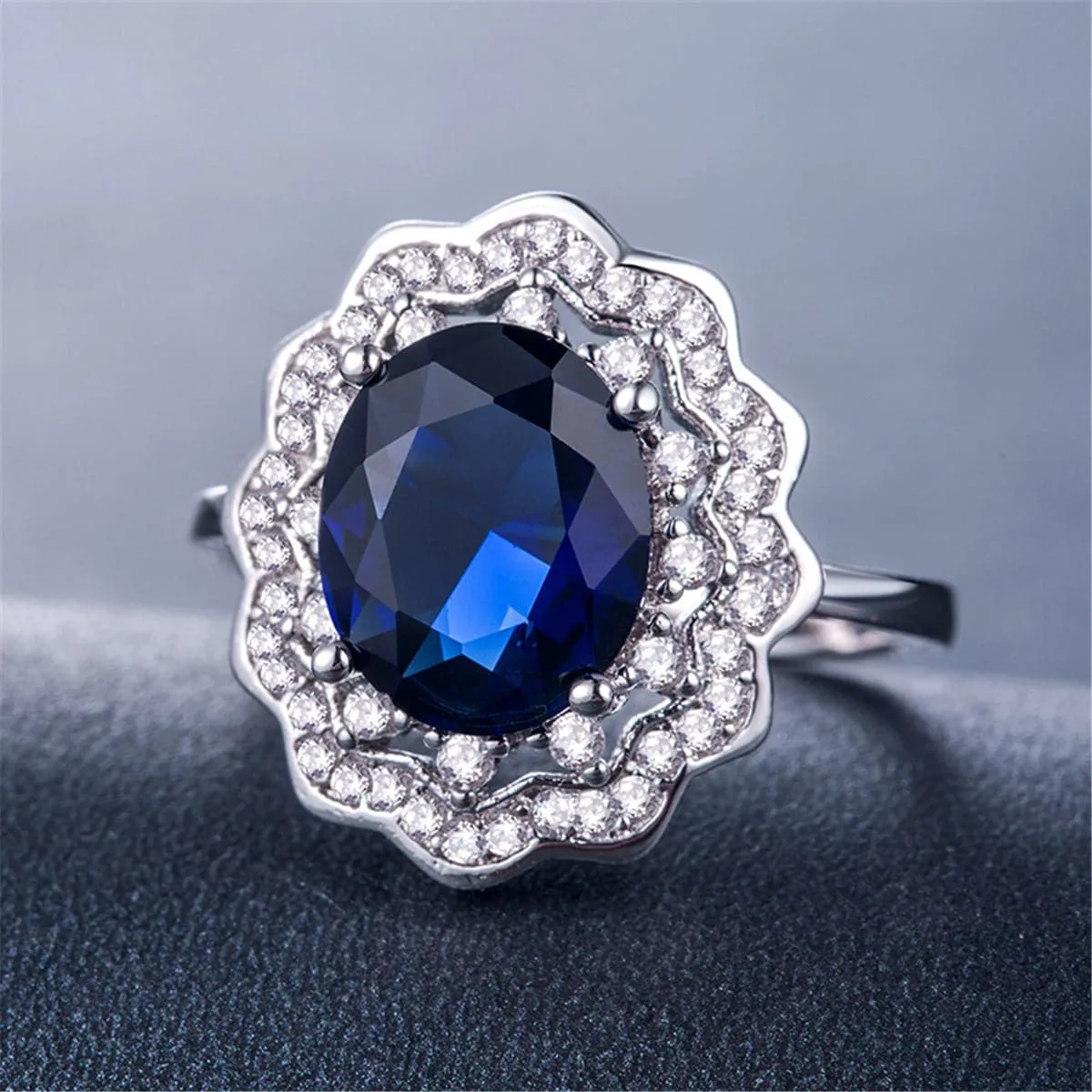 Blue Crystal & Cubic Zirconia Flower Halo Ring