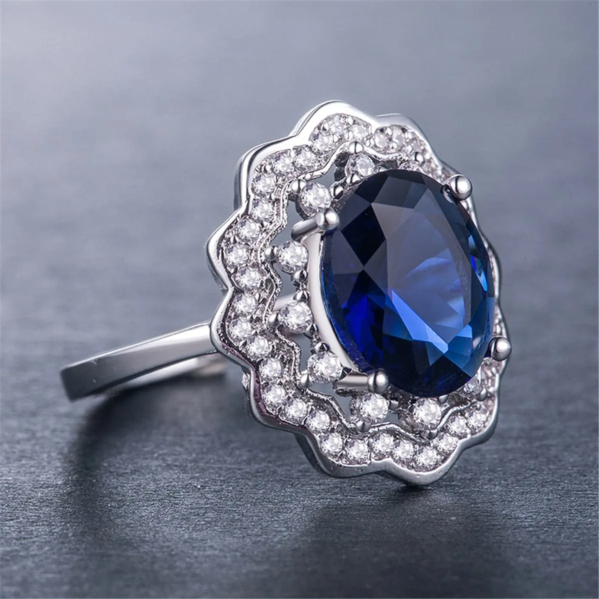 Blue Crystal & Cubic Zirconia Flower Halo Ring
