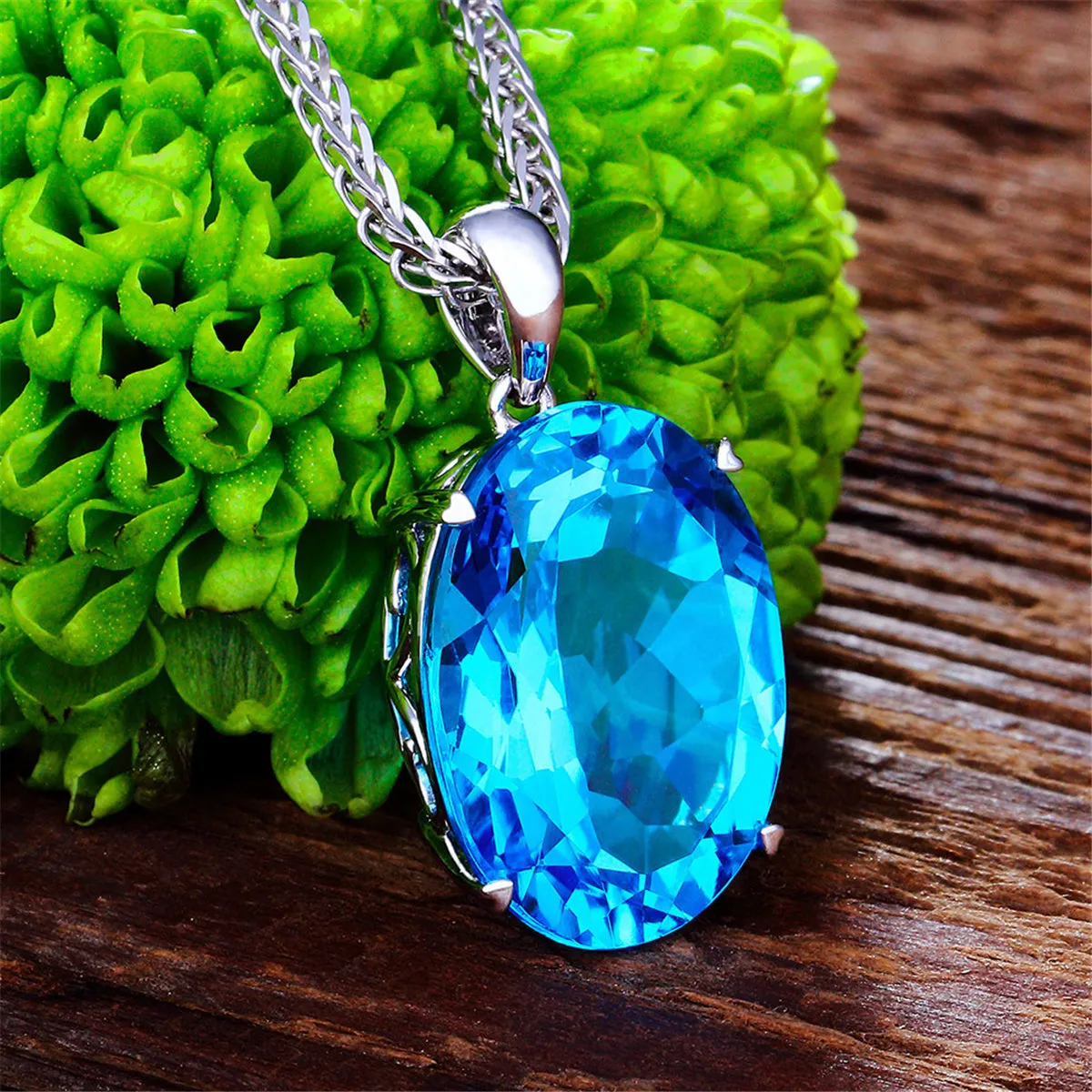 Blue Crystal & Silver-Plated Oval-Cut Pendant Necklace