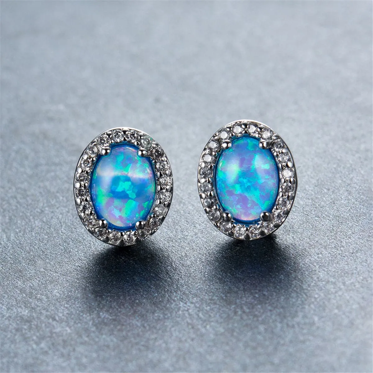 Blue Opal & Cubic Zirconia Oval Halo Stud Earrings
