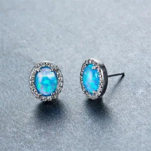 Blue Opal & Cubic Zirconia Oval Halo Stud Earrings