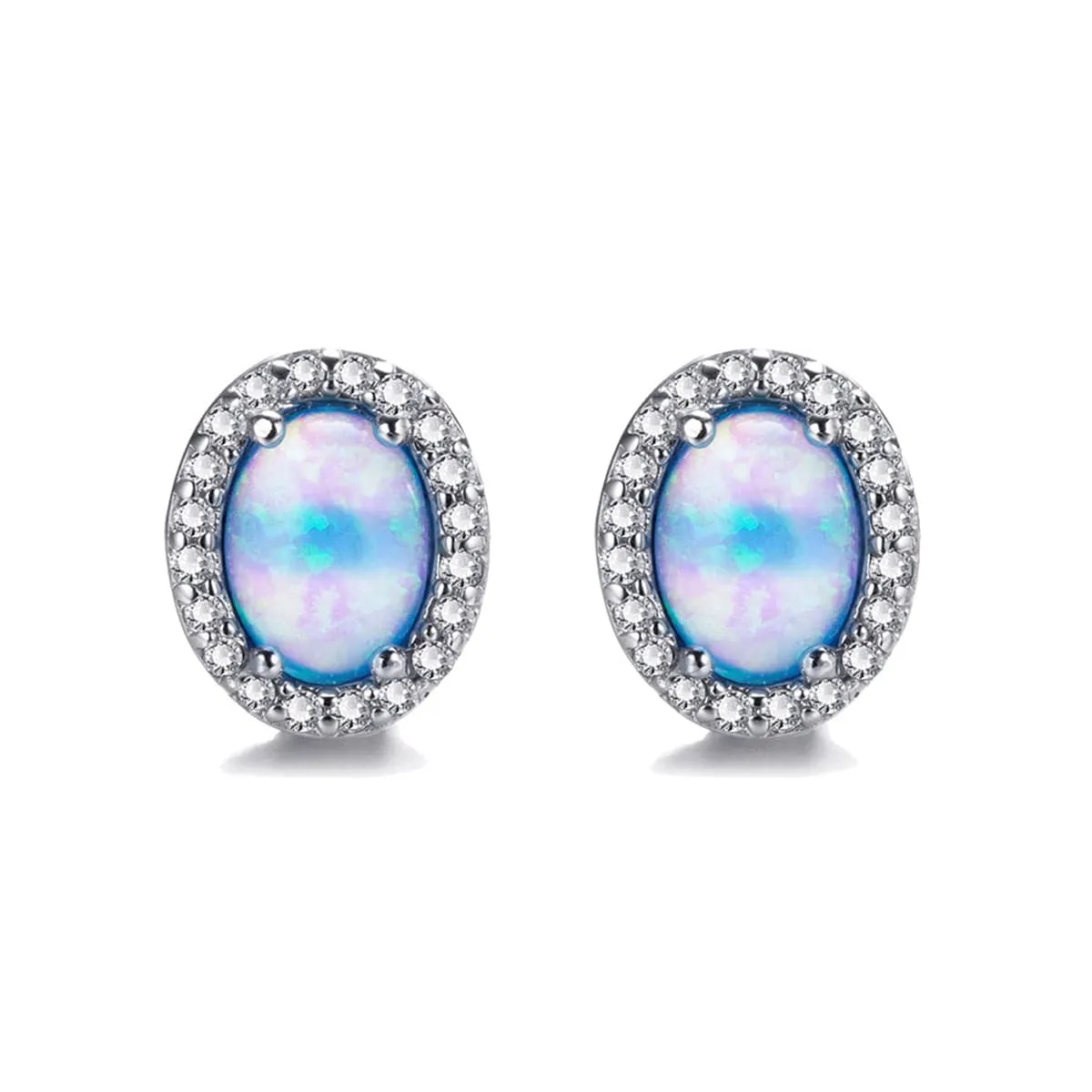 Blue Opal & Cubic Zirconia Oval Halo Stud Earrings
