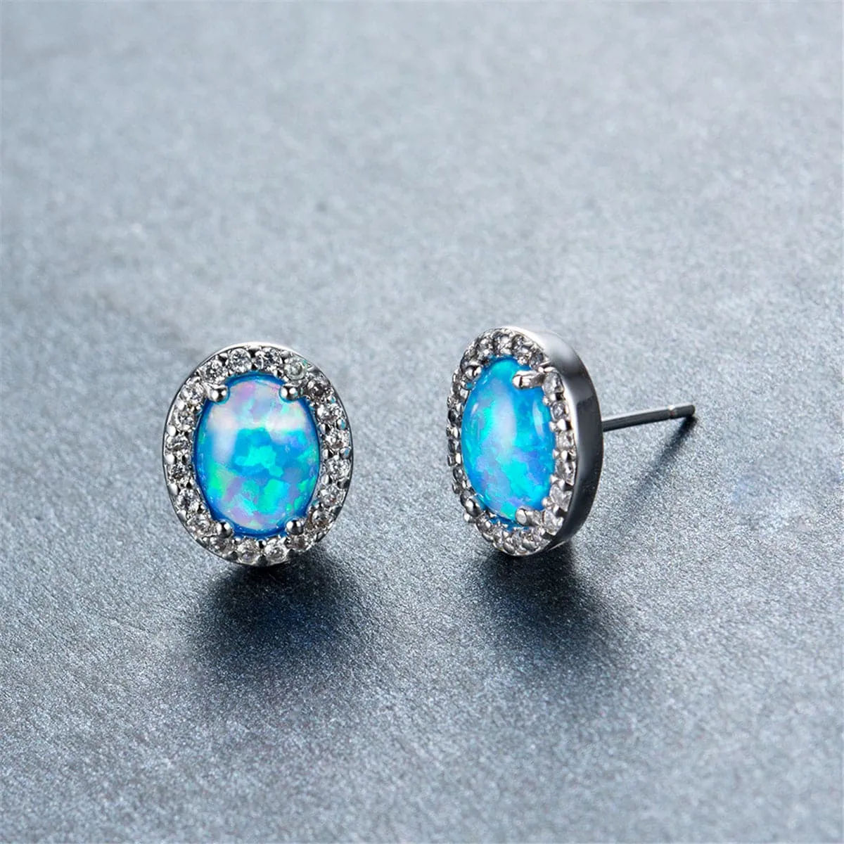 Blue Opal & Cubic Zirconia Oval Halo Stud Earrings