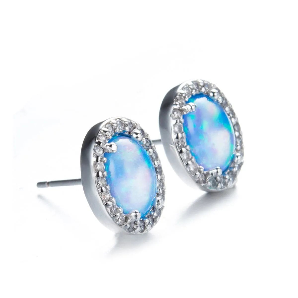 Blue Opal & Cubic Zirconia Oval Halo Stud Earrings