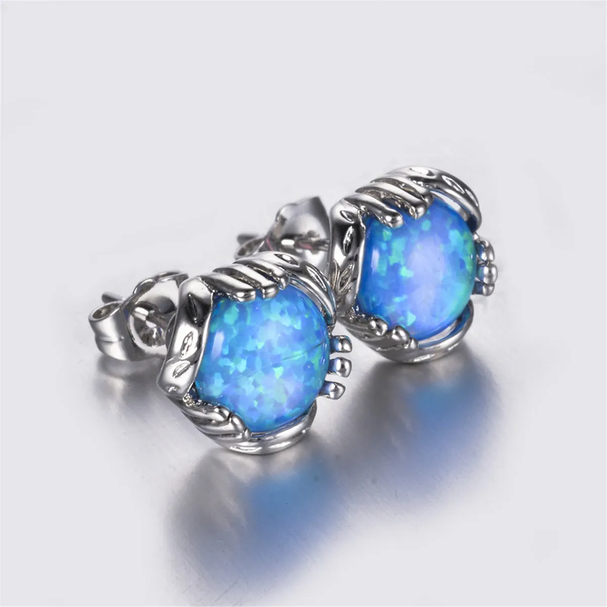 Blue Opal Prong-Set Stud Earrings