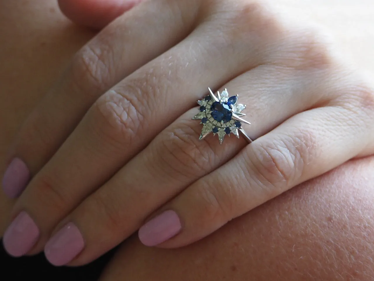 Blue Sapphire And Diamond Alternative Engagement Ring - Shooting Star