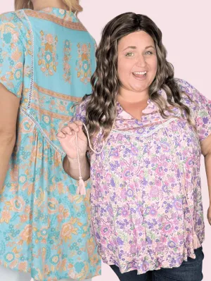 Bohemia Vneck Floral Top w/Tassels   Lace (2 colors)