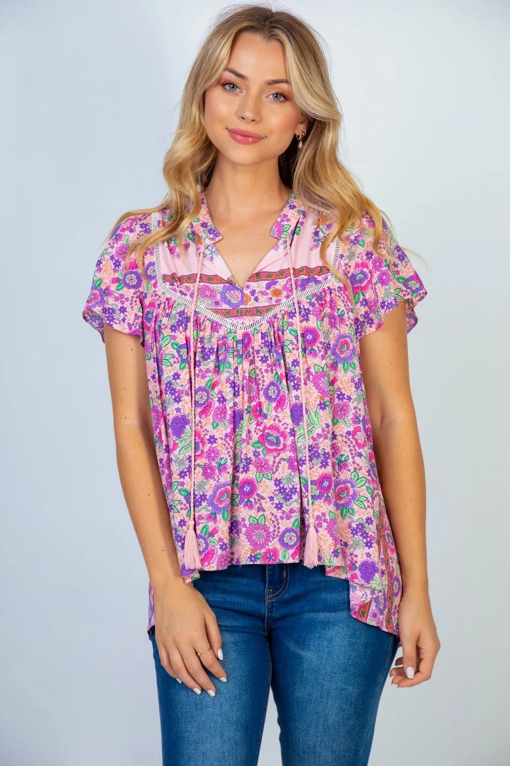 Bohemia Vneck Floral Top w/Tassels   Lace (2 colors)