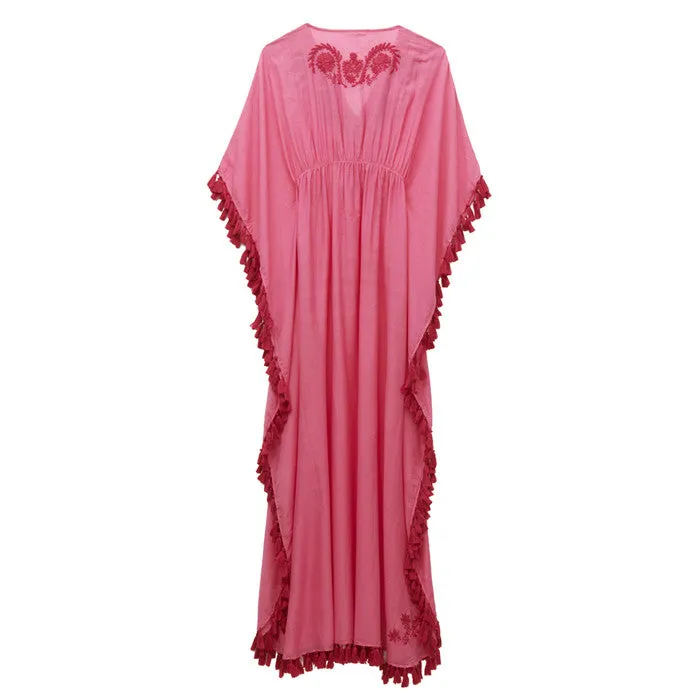 Bright Pink Cotton Embroidered Caftan